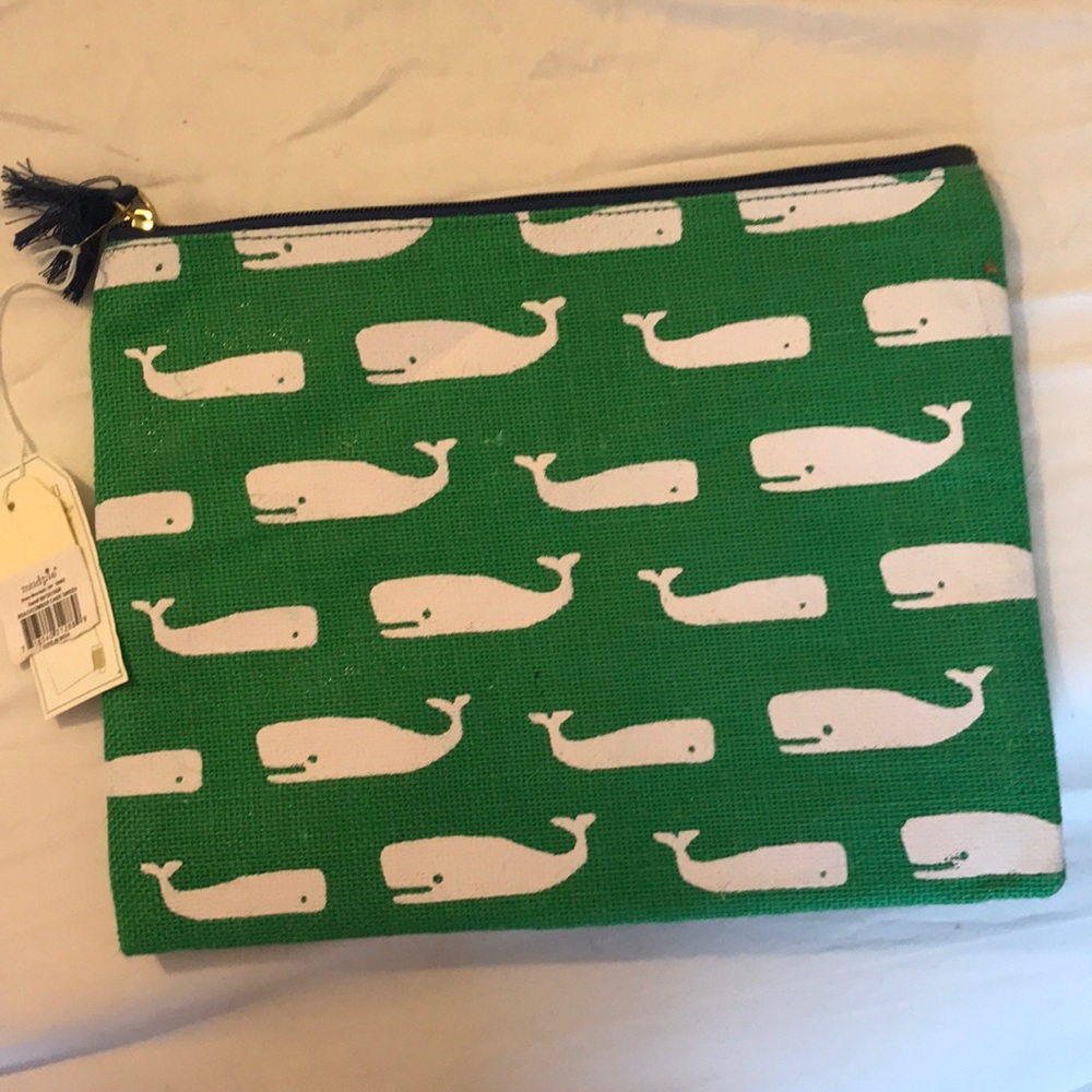 Green and white burlap pouch